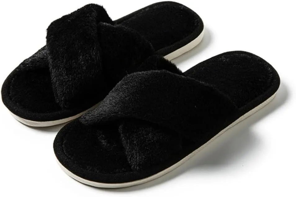 Womens Fuzzy Slippers Memory Foam Slippers Cozy Plush Home Slippers Open Toe House Shoes Indoor Outdoor Slide Slipper Home Shoes Indoor Slippers