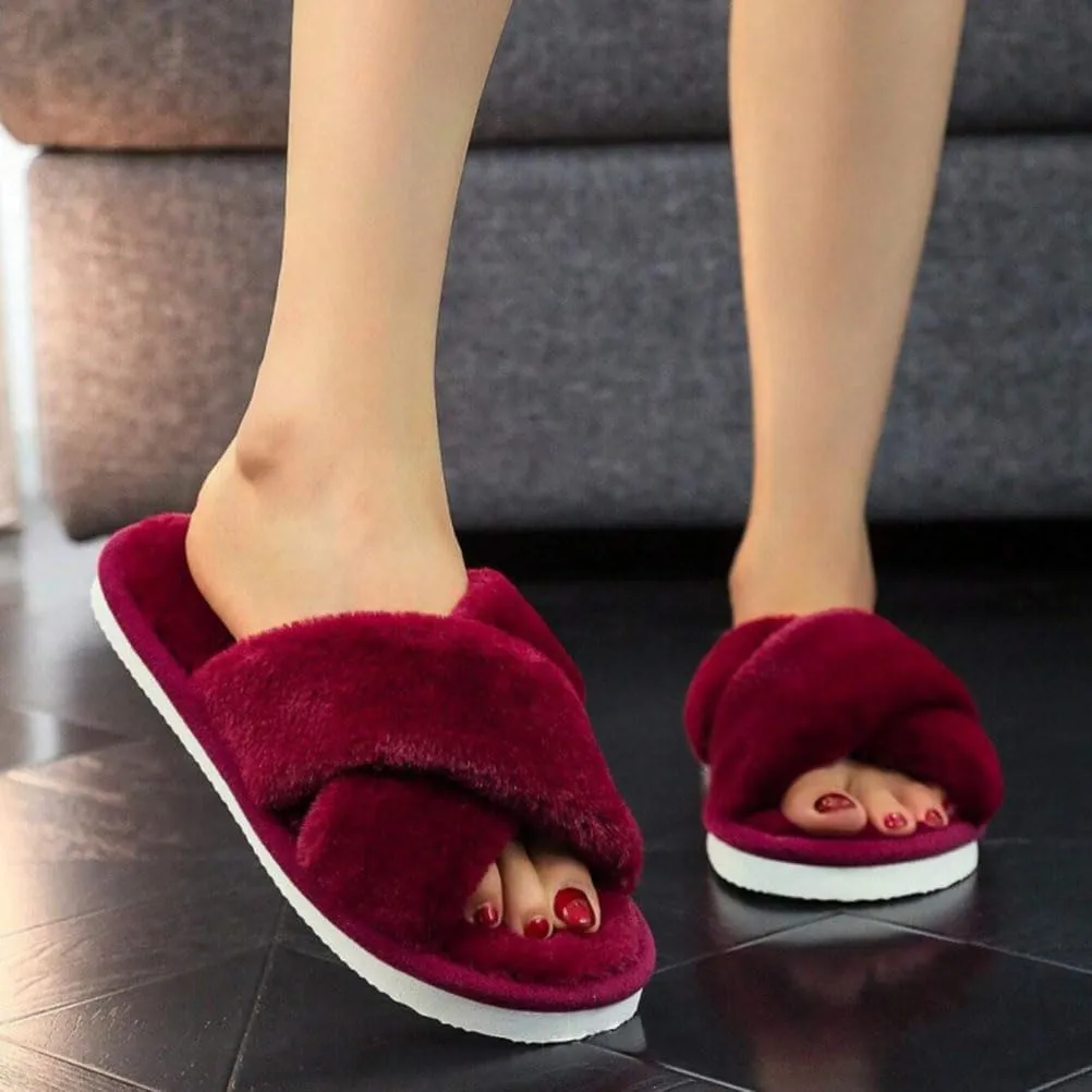 Womens Fuzzy Slippers Memory Foam Slippers Cozy Plush Home Slippers Open Toe House Shoes Indoor Outdoor Slide Slipper Home Shoes Indoor Slippers