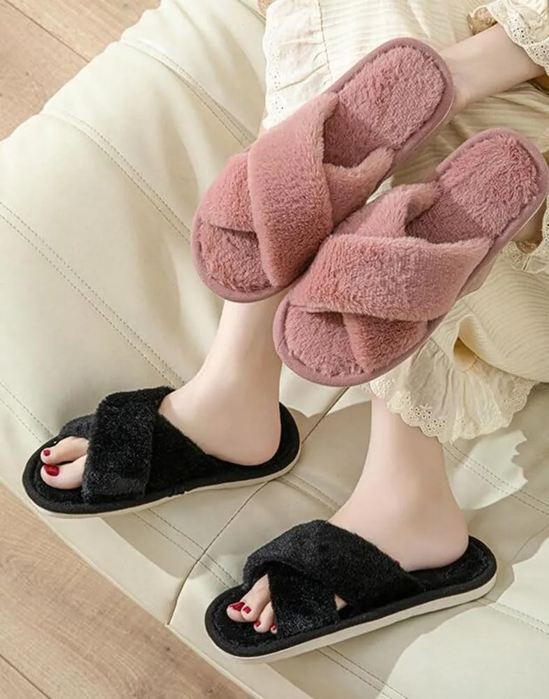 Womens Fuzzy Slippers Memory Foam Slippers Cozy Plush Home Slippers Open Toe House Shoes Indoor Outdoor Slide Slipper Home Shoes Indoor Slippers
