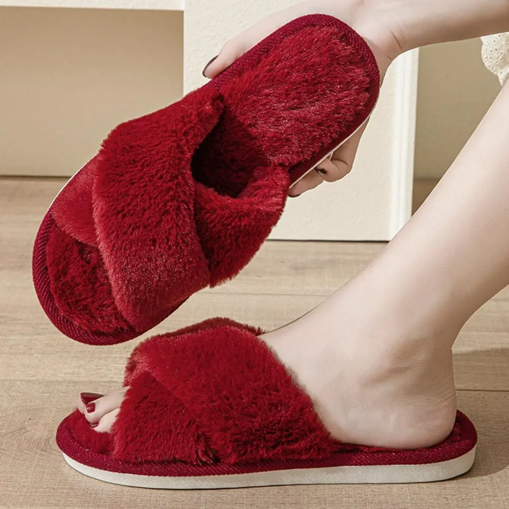 Womens Fuzzy Slippers Memory Foam Slippers Cozy Plush Home Slippers Open Toe House Shoes Indoor Outdoor Slide Slipper Home Shoes Indoor Slippers
