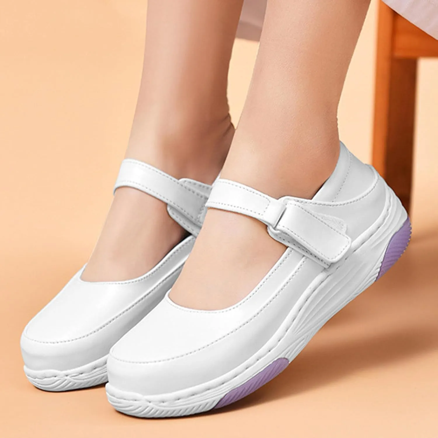 Women's Leather Hollow Orthopedic Nurse Mary Jane Shoes Comfortable Breathable Platform Round Toe Soft Sole Walking Shoes Adjustable Hook&Loop Slip-on Casual Work Shoes