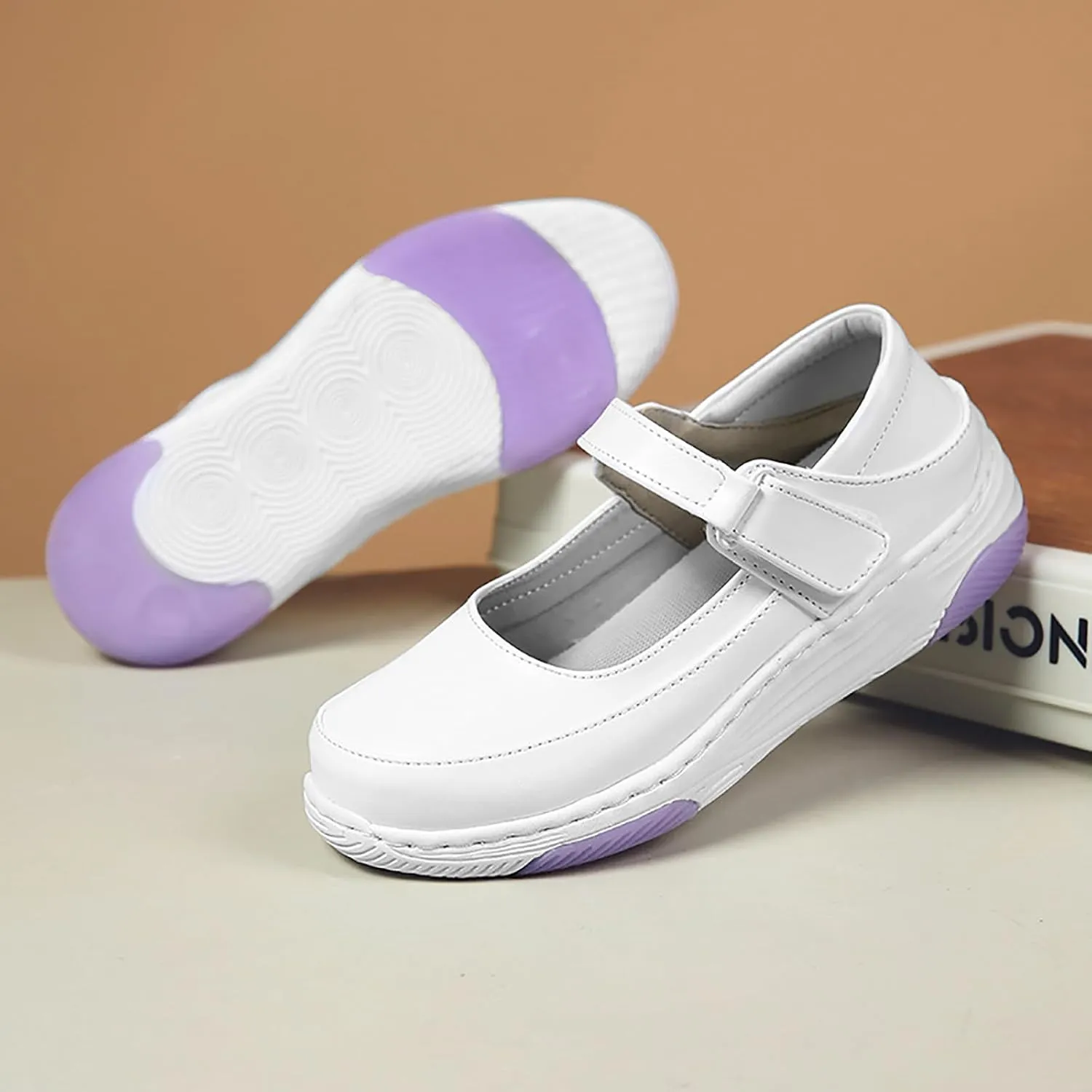 Women's Leather Hollow Orthopedic Nurse Mary Jane Shoes Comfortable Breathable Platform Round Toe Soft Sole Walking Shoes Adjustable Hook&Loop Slip-on Casual Work Shoes