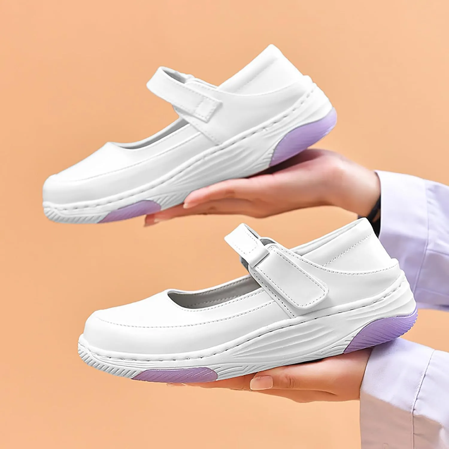 Women's Leather Hollow Orthopedic Nurse Mary Jane Shoes Comfortable Breathable Platform Round Toe Soft Sole Walking Shoes Adjustable Hook&Loop Slip-on Casual Work Shoes
