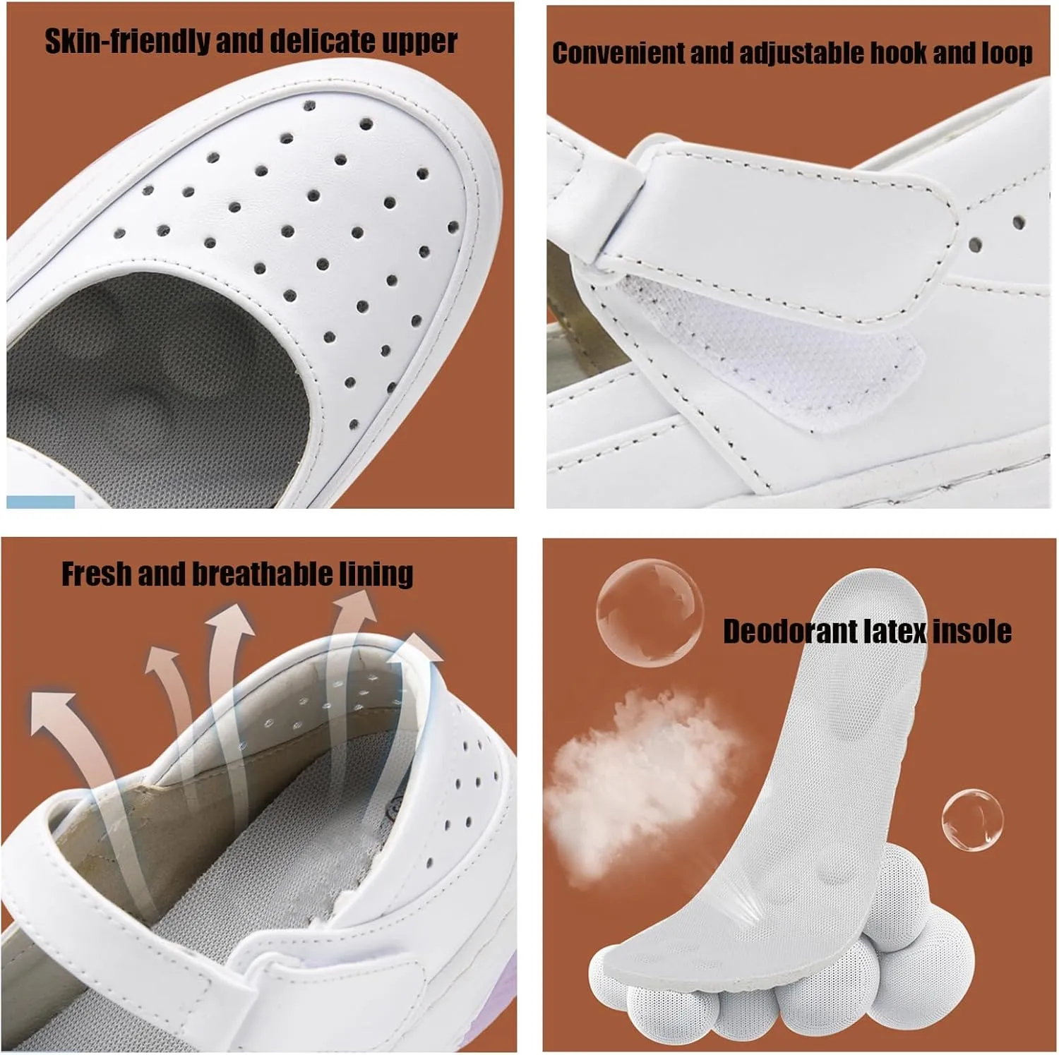 Women's Leather Hollow Orthopedic Nurse Mary Jane Shoes Comfortable Breathable Platform Round Toe Soft Sole Walking Shoes Adjustable Hook&Loop Slip-on Casual Work Shoes