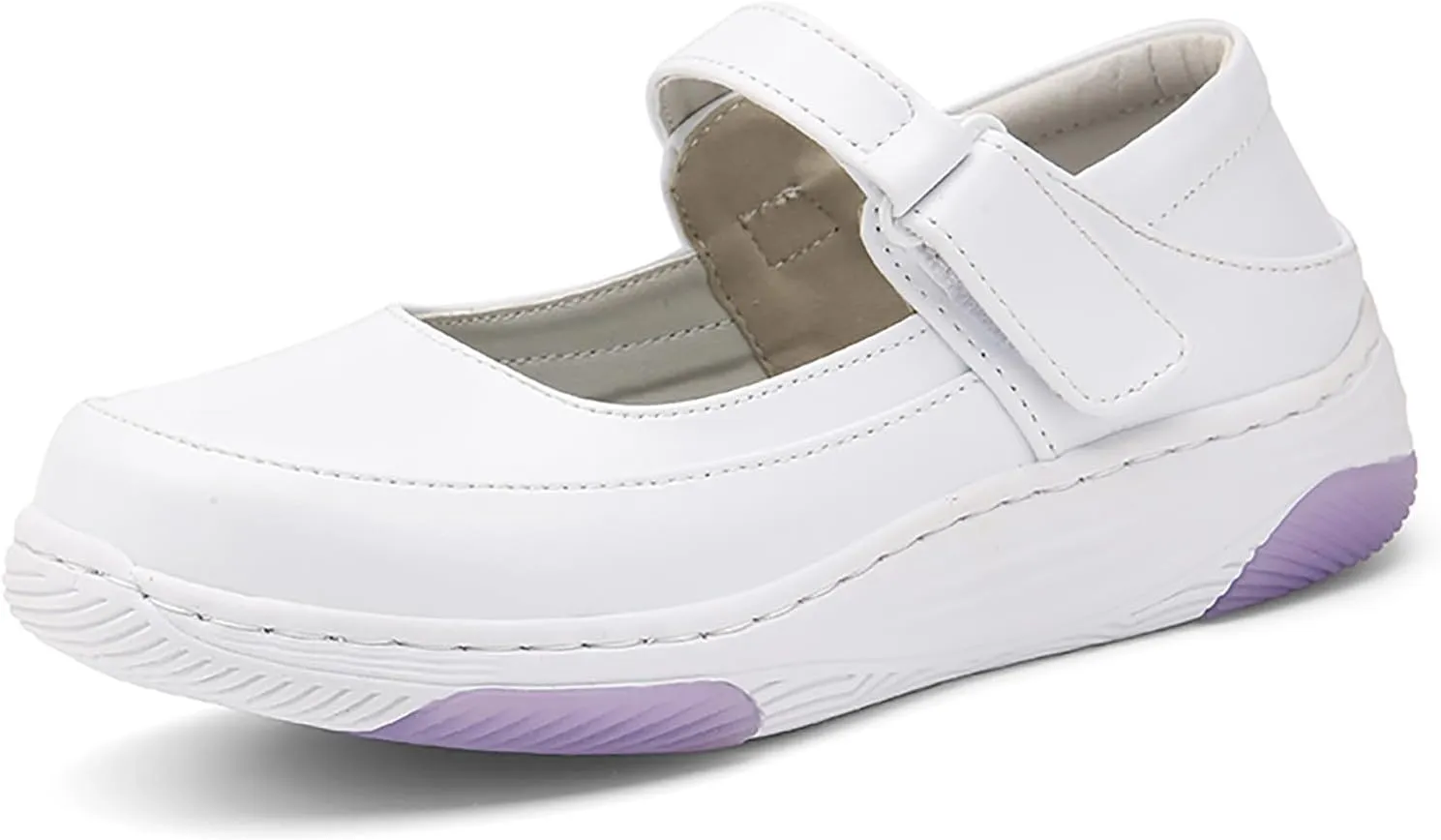 Women's Leather Hollow Orthopedic Nurse Mary Jane Shoes Comfortable Breathable Platform Round Toe Soft Sole Walking Shoes Adjustable Hook&Loop Slip-on Casual Work Shoes