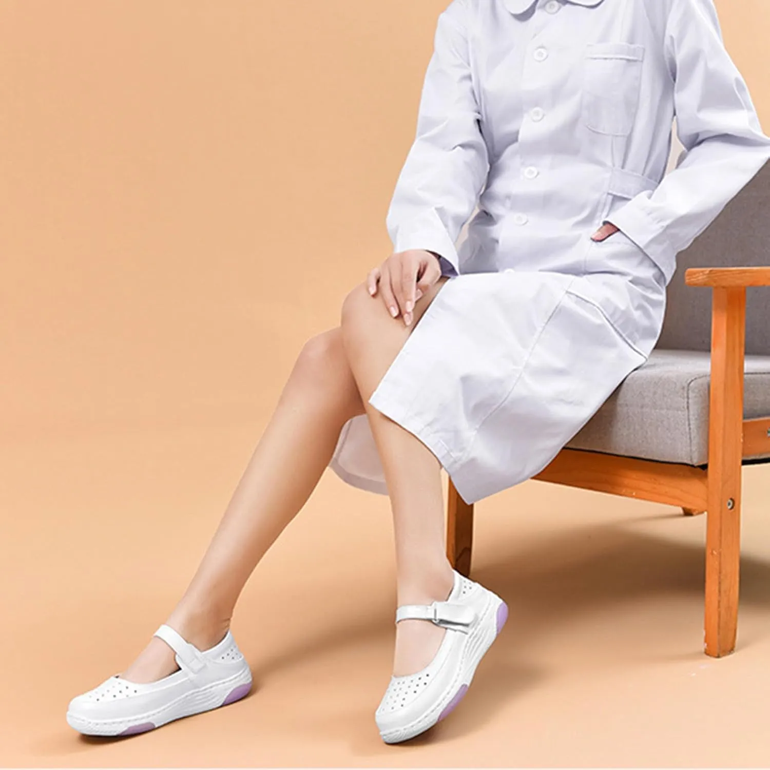 Women's Leather Hollow Orthopedic Nurse Mary Jane Shoes Comfortable Breathable Platform Round Toe Soft Sole Walking Shoes Adjustable Hook&Loop Slip-on Casual Work Shoes