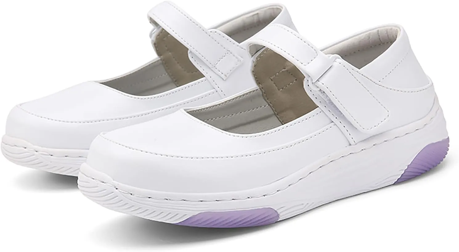 Women's Leather Hollow Orthopedic Nurse Mary Jane Shoes Comfortable Breathable Platform Round Toe Soft Sole Walking Shoes Adjustable Hook&Loop Slip-on Casual Work Shoes