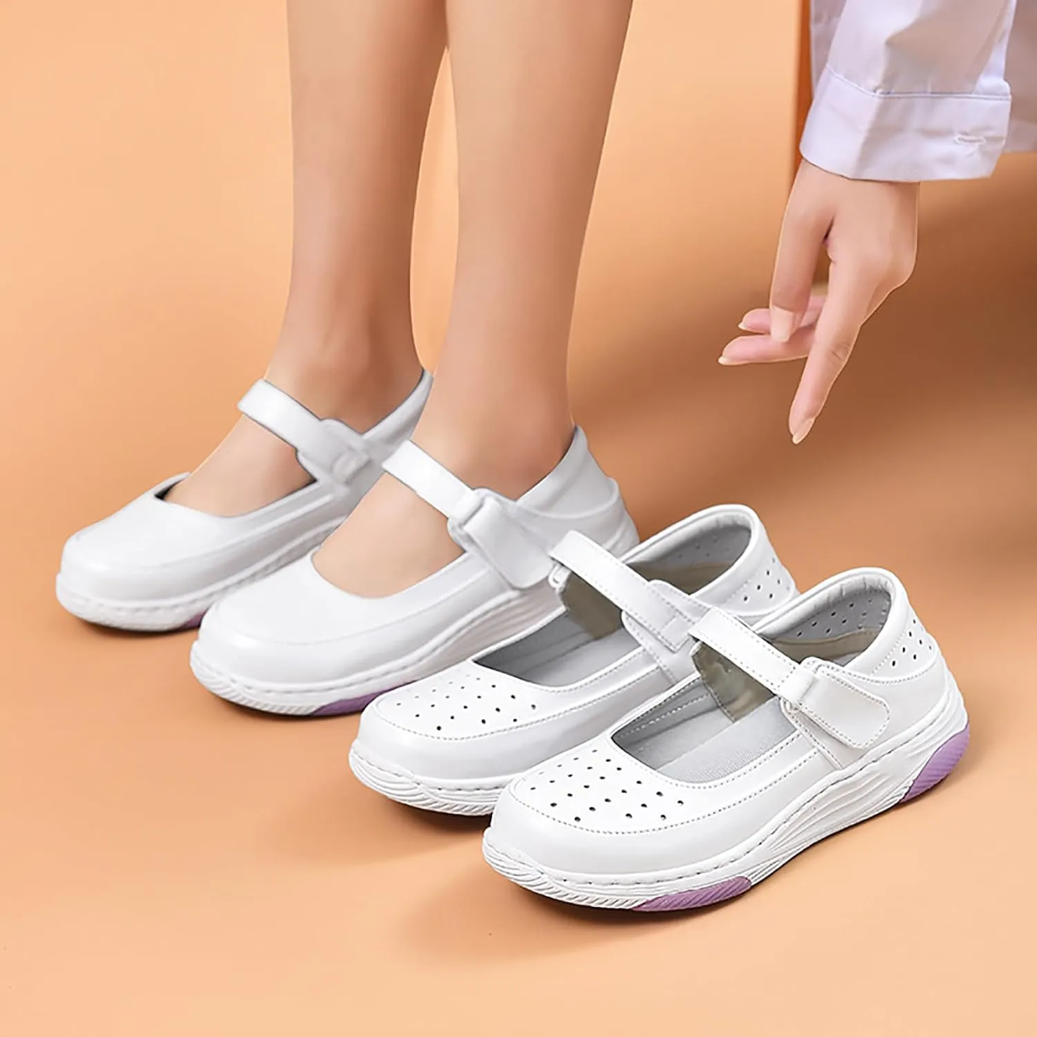 Women's Leather Hollow Orthopedic Nurse Mary Jane Shoes Comfortable Breathable Platform Round Toe Soft Sole Walking Shoes Adjustable Hook&Loop Slip-on Casual Work Shoes