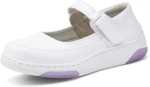 Women's Leather Hollow Orthopedic Nurse Mary Jane Shoes Comfortable Breathable Platform Round Toe Soft Sole Walking Shoes Adjustable Hook&Loop Slip-on Casual Work Shoes