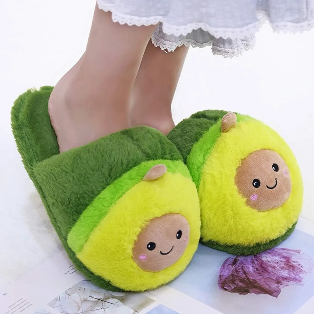 Womens Novelty Slippers Cartoon Avocado Plush Slippers Warm Winter Slippers Bedroom Slippers 4-8