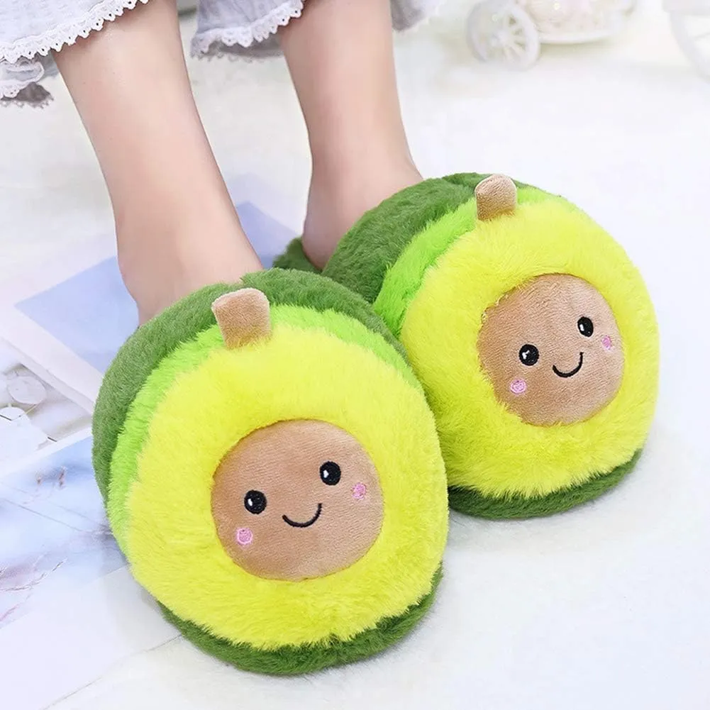 Womens Novelty Slippers Cartoon Avocado Plush Slippers Warm Winter Slippers Bedroom Slippers 4-8