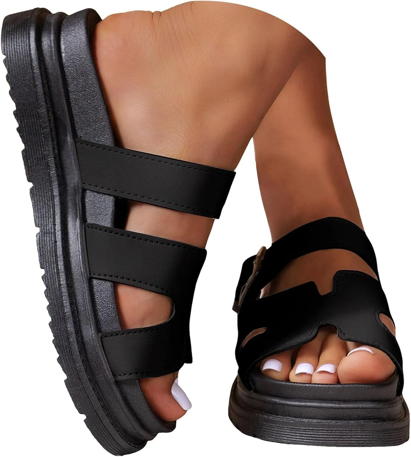 Women's Orthopedic Platform Wedge Sandals 2025 Solid Color Open Toe Summer Fashion Casual Thick Soled Height Enhancing Wedge Heeled Slippers Beach Outdoor Leather Slip on Shoes