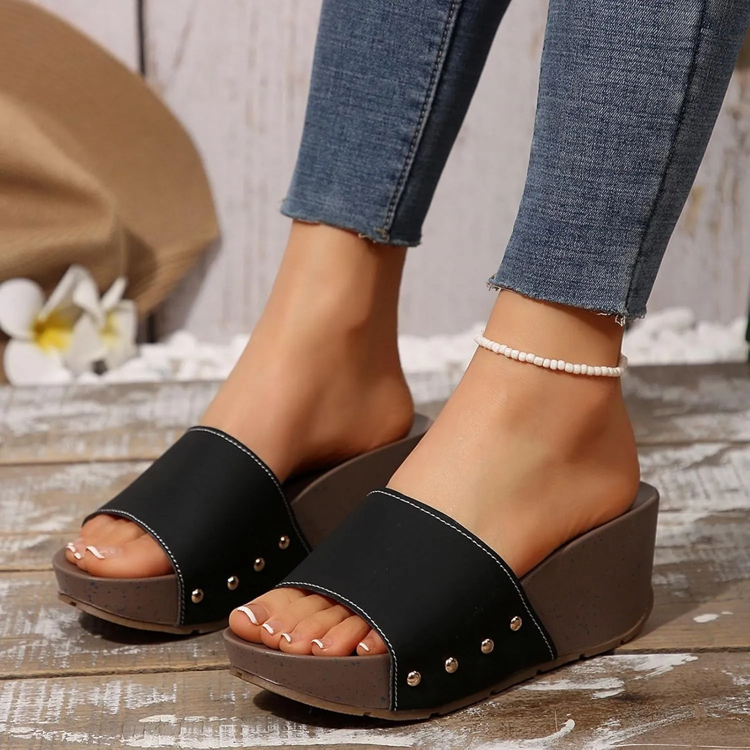 Womens Orthopedic Platform Wedge Sandals with Arch Support Summer Open Toe Fish Mouth Fashion Casual Slippers Comfortable Walking Slip On Beach Vacation Travel Working Shoes