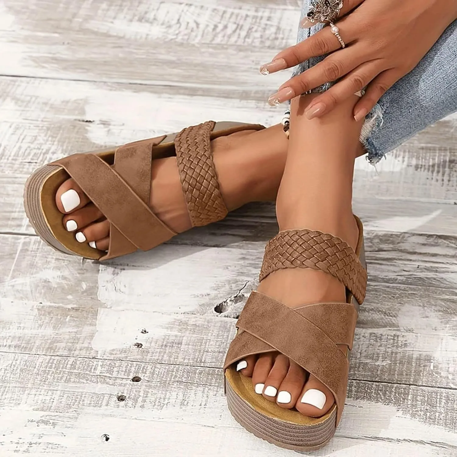 Women's Orthopedic Platform Wedge Sandals with Arch Support Thick Sole Hollow Walking Outdoor Casual Slippers Summer Fashionable Comfortable Slip On Dressy Sandals