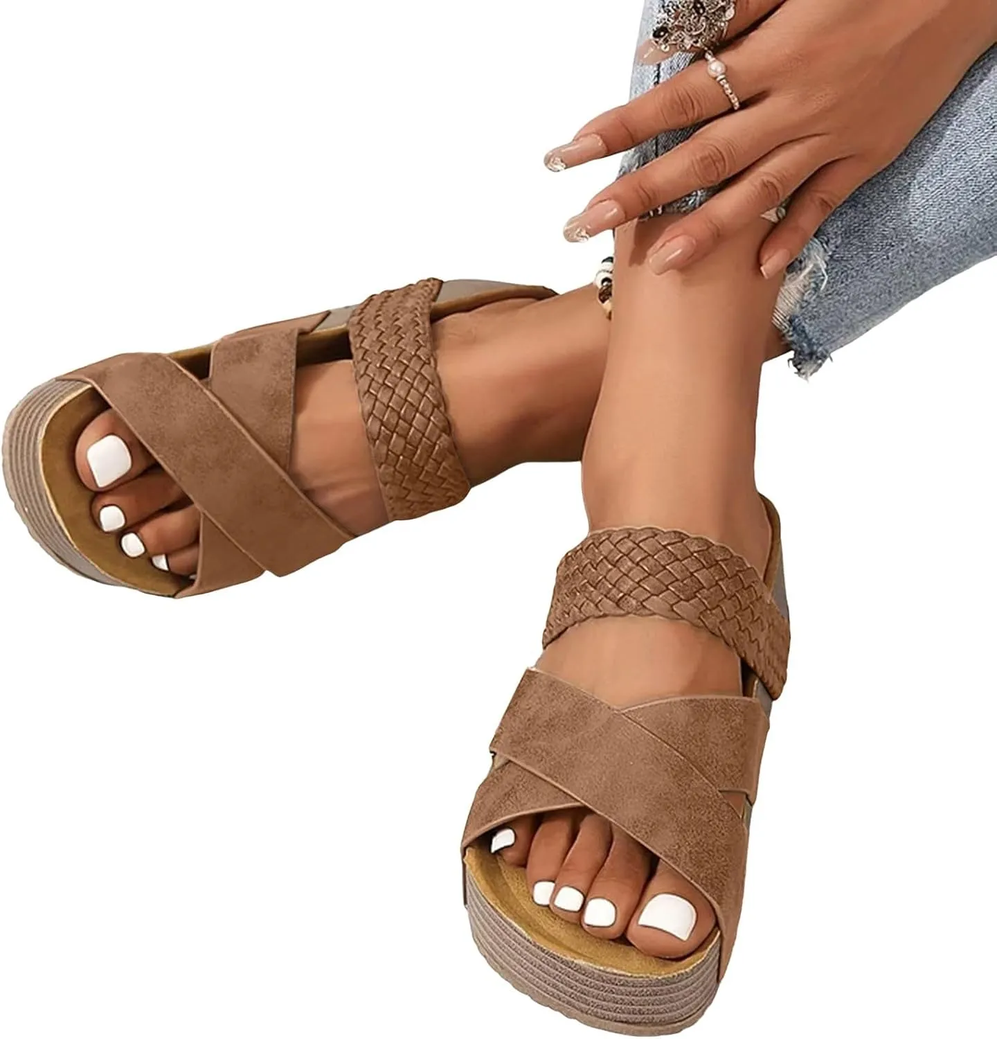 Women's Orthopedic Platform Wedge Sandals with Arch Support Thick Sole Hollow Walking Outdoor Casual Slippers Summer Fashionable Comfortable Slip On Dressy Sandals