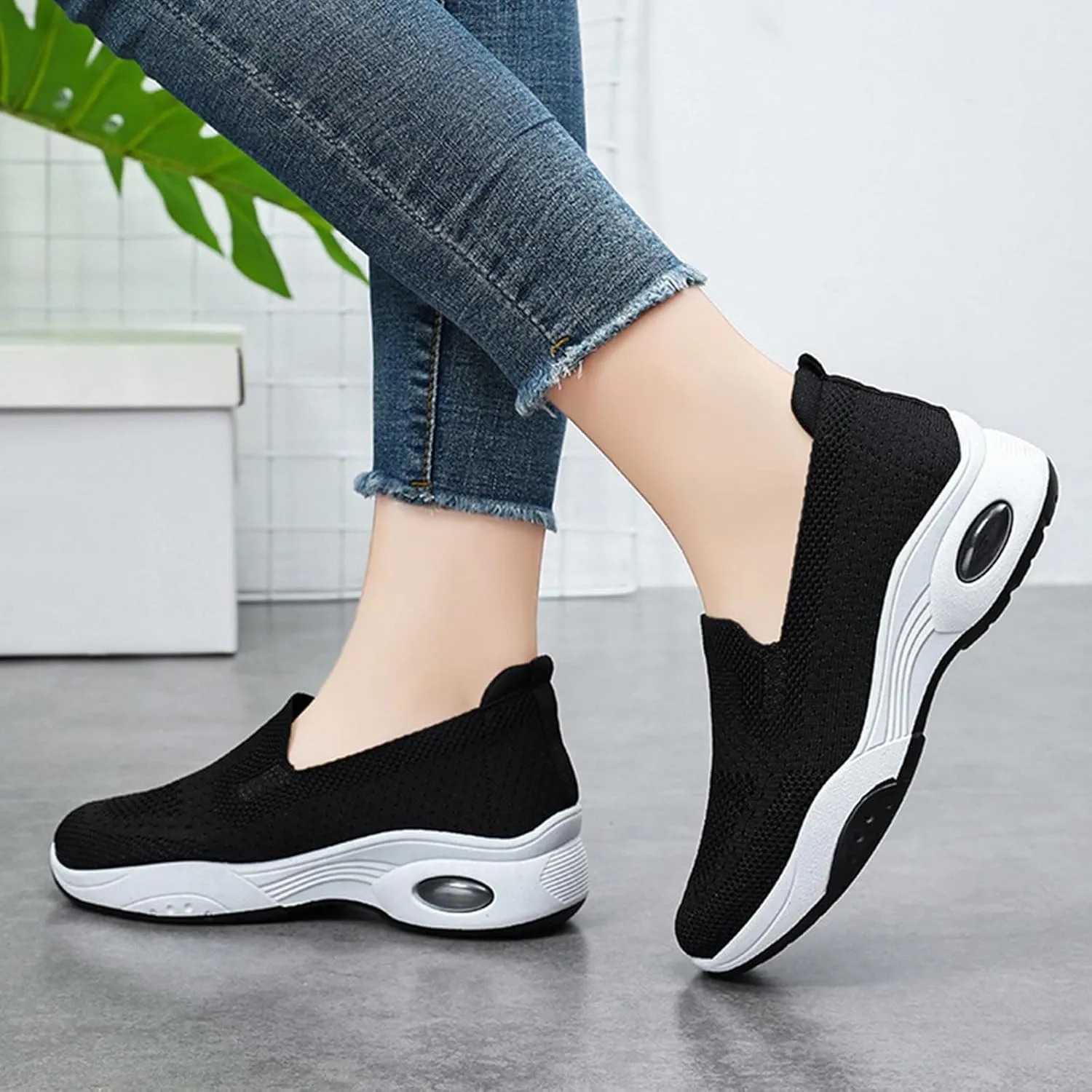 Womens Orthopedic Sneakers Air Cushion Slip On Sneakers Mesh Comfortable Athletic Running Walking Shoes with Arch Support Lightweight Low Top Diabetes Shoes Casual All-Day Comfort Wide Width Loafers