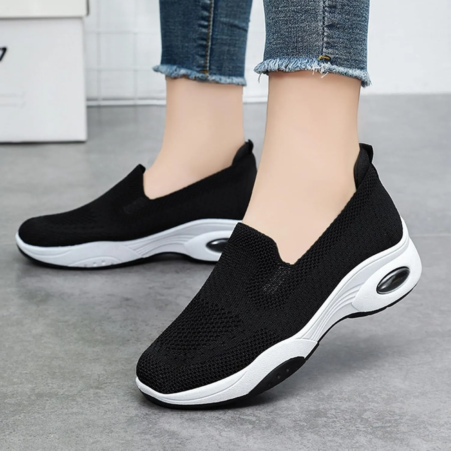 Womens Orthopedic Sneakers Air Cushion Slip On Sneakers Mesh Comfortable Athletic Running Walking Shoes with Arch Support Lightweight Low Top Diabetes Shoes Casual All-Day Comfort Wide Width Loafers