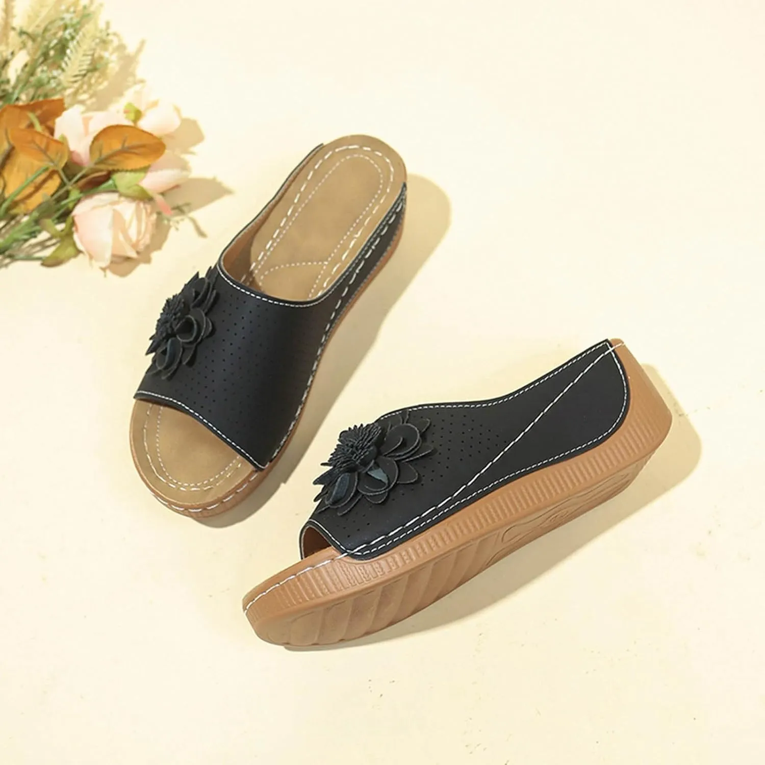 Womens Orthopedic Summer Beach Sandals Wedge Low Open Toe Slides Ladies Dressy Sandals Slipper Platform Comfortable Flower Sandals