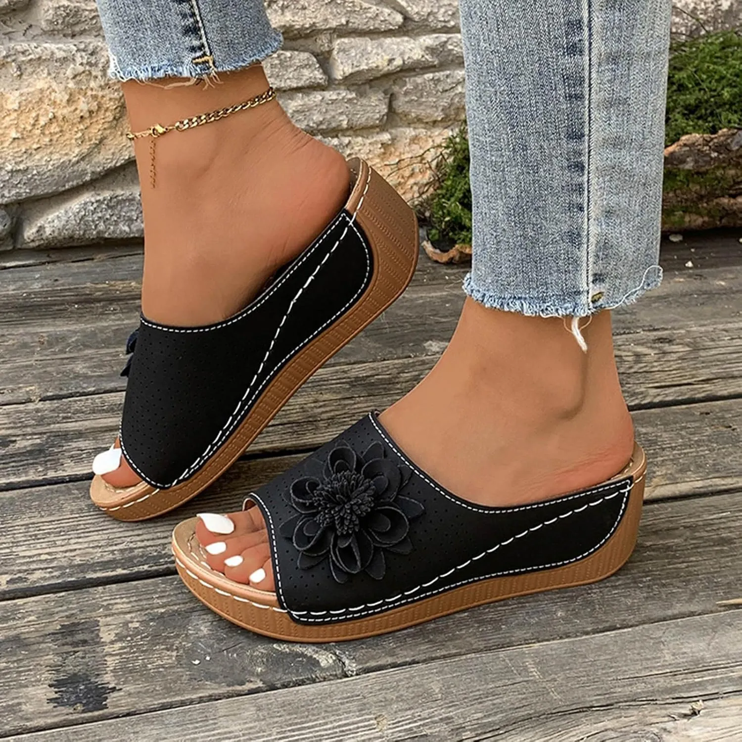 Womens Orthopedic Summer Beach Sandals Wedge Low Open Toe Slides Ladies Dressy Sandals Slipper Platform Comfortable Flower Sandals