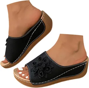 Womens Orthopedic Summer Beach Sandals Wedge Low Open Toe Slides Ladies Dressy Sandals Slipper Platform Comfortable Flower Sandals