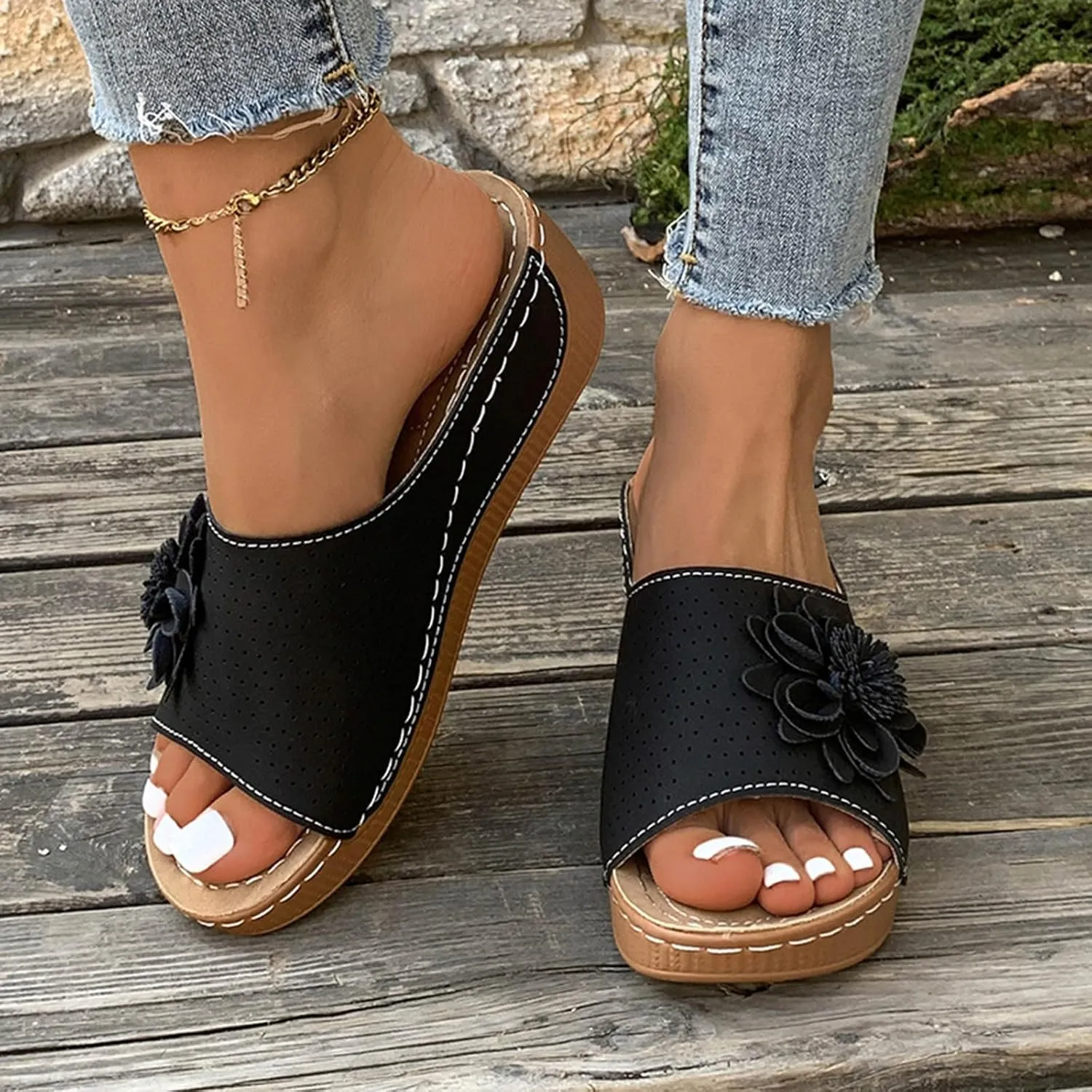 Womens Orthopedic Summer Beach Sandals Wedge Low Open Toe Slides Ladies Dressy Sandals Slipper Platform Comfortable Flower Sandals