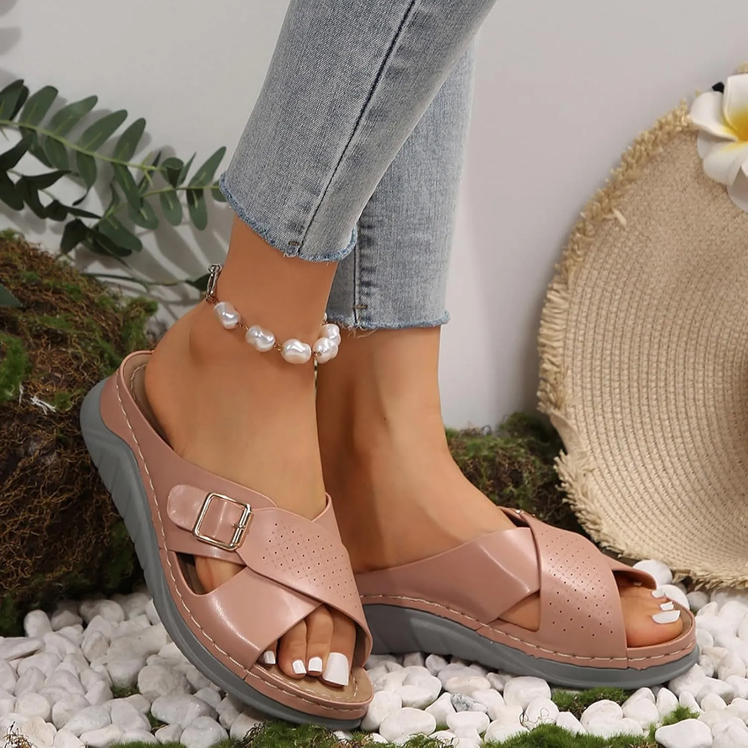 Women's Orthotic Cushion Flip Flops Recovery Walking Sandals for Women Dressy Summer Comfortable Arch Support Slide Open Toe Crisscross Straps Slip on Slippers Metal Plantar Fasciitis Bunion Shoes