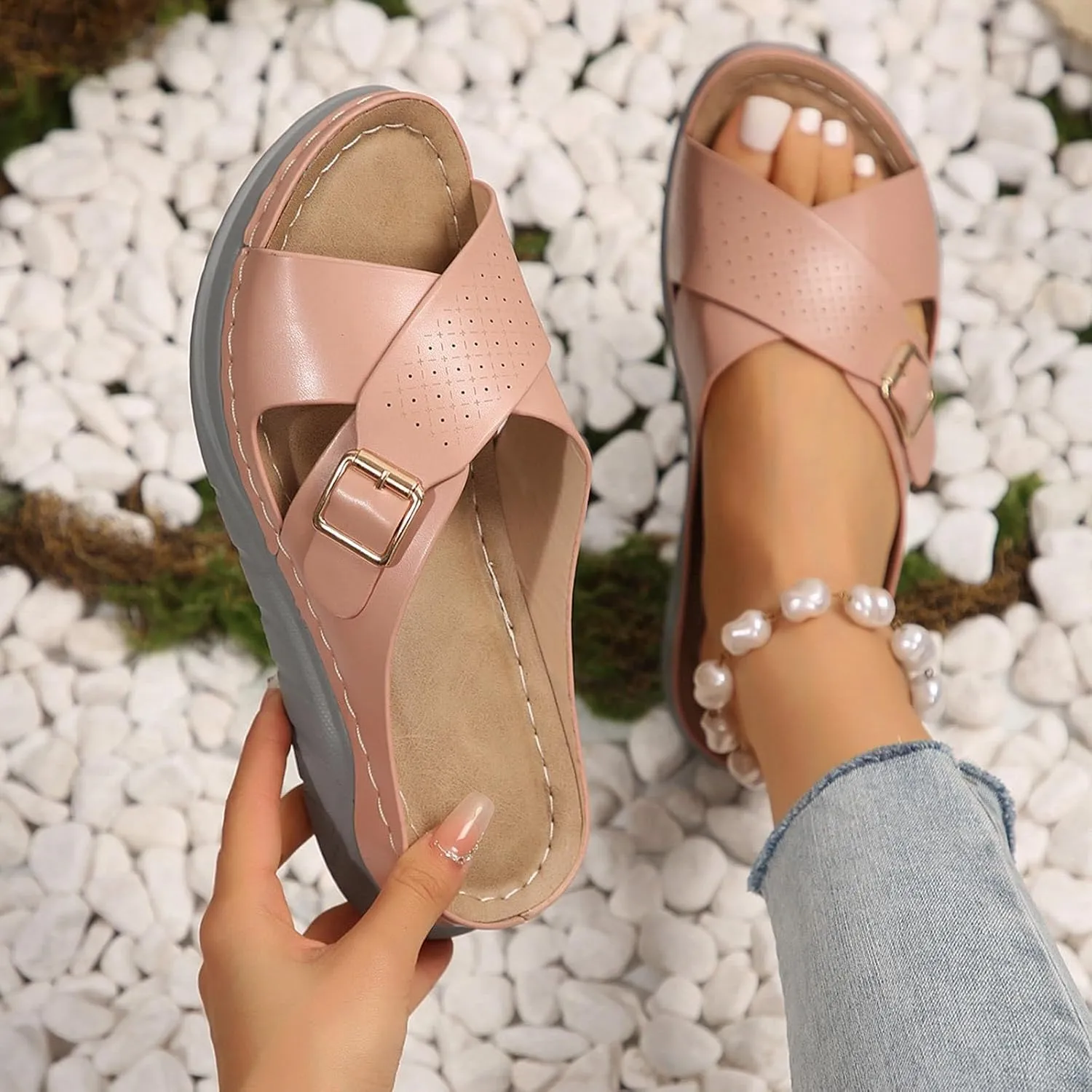 Women's Orthotic Cushion Flip Flops Recovery Walking Sandals for Women Dressy Summer Comfortable Arch Support Slide Open Toe Crisscross Straps Slip on Slippers Metal Plantar Fasciitis Bunion Shoes