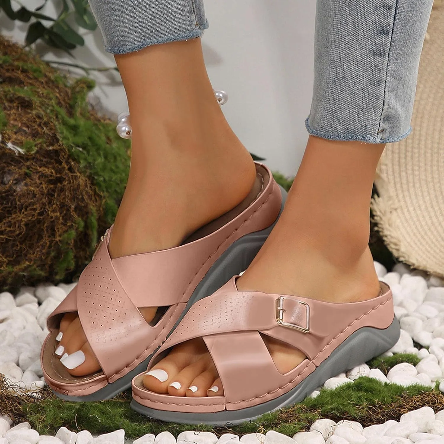 Women's Orthotic Cushion Flip Flops Recovery Walking Sandals for Women Dressy Summer Comfortable Arch Support Slide Open Toe Crisscross Straps Slip on Slippers Metal Plantar Fasciitis Bunion Shoes