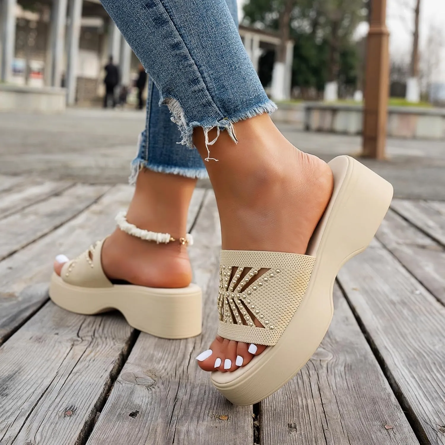 Womens Platform Slide Sandal Open Toe Slide On Comfortable Cute Flat Wedges Shoes Dressy Summer Fashion Outdoor Beach Sandals