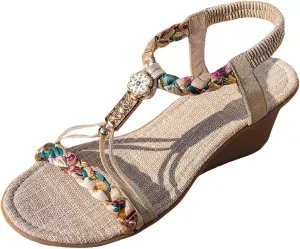 Women's Rhinestone Wedge Sandals 2025 Summer Bohemian Stylish Open Toe Beaded Rope Platform Sandals Comfortable Walking Non Slip Beach Bohemian Casual Sandal with Arch Support