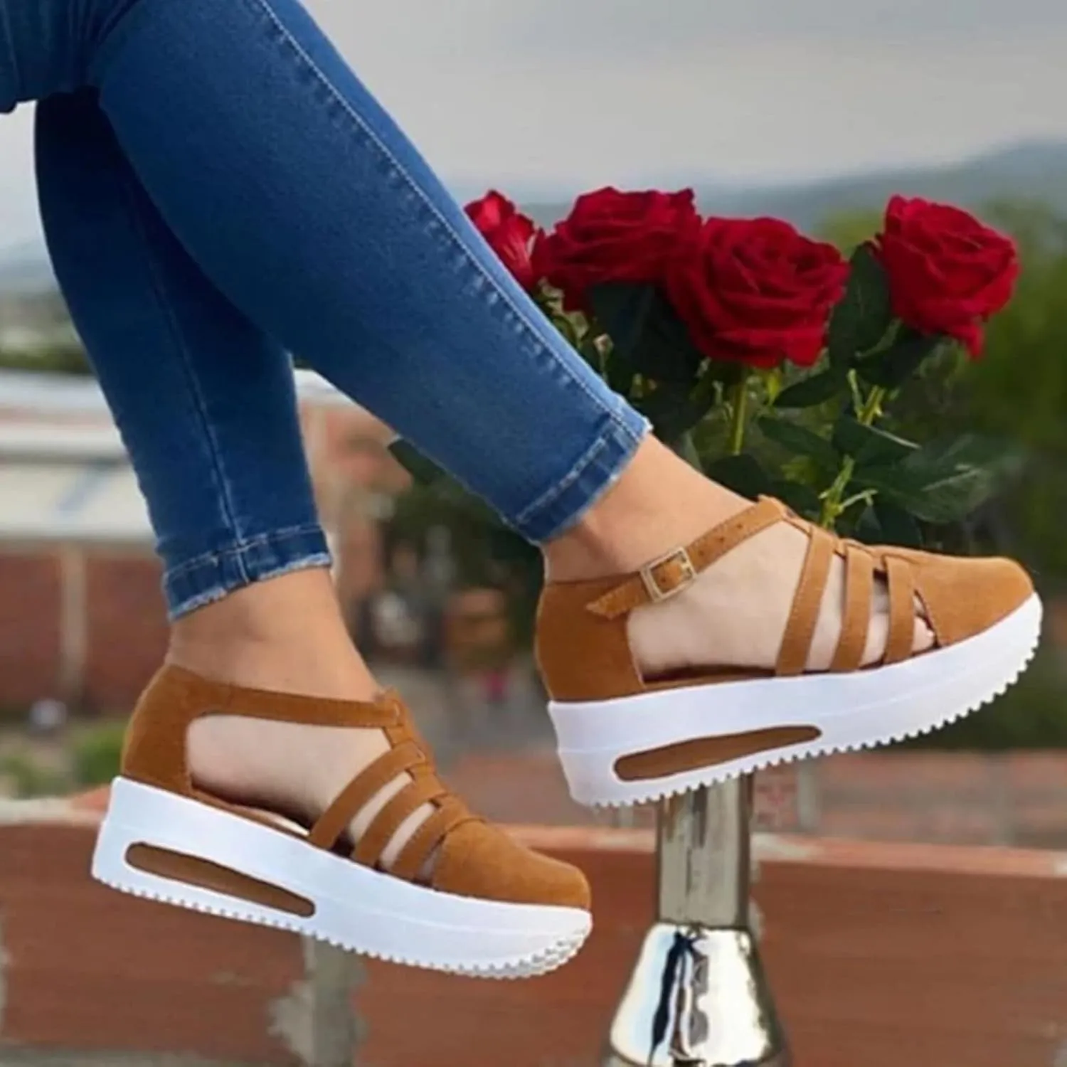 Womens Sandals Dressy Summer Peep Toe Platform Sandals Shoes Wedges Ankle Buckle Flip Flops Orthopedic Stylish Sandals