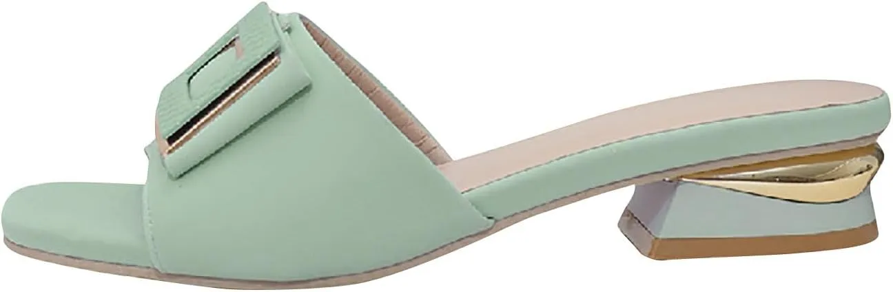 Womens Square Toe Dressy Summer Slide Sandal Flat Low Heel Big Metal Buckle Slip On Party Slippers Casual Summer Shoes