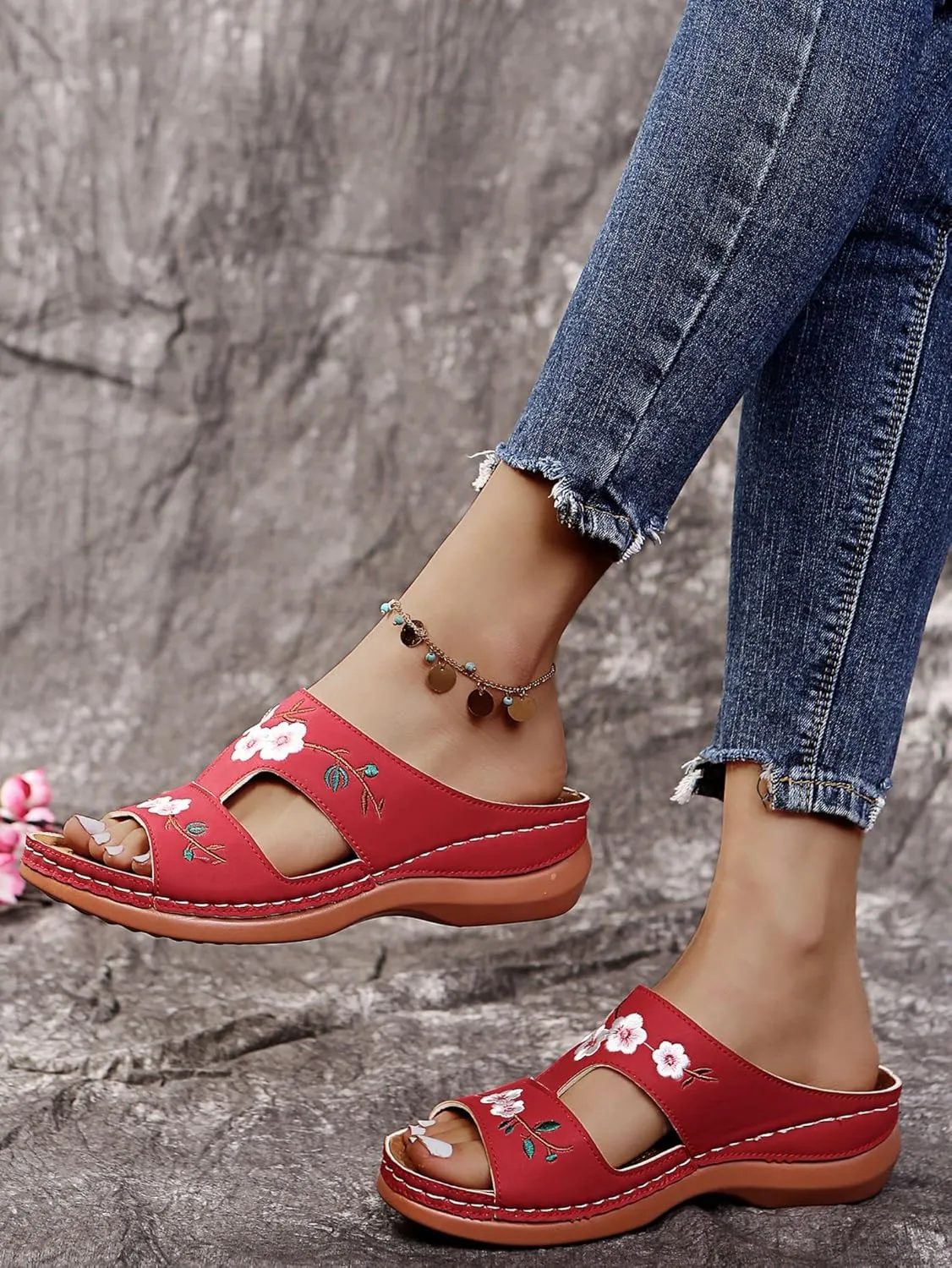 Women's Wedge Sandals Hollow Floral Embroidery With Arch Support Comfortable Orthopedic Sandal Size Plus Size Slippers