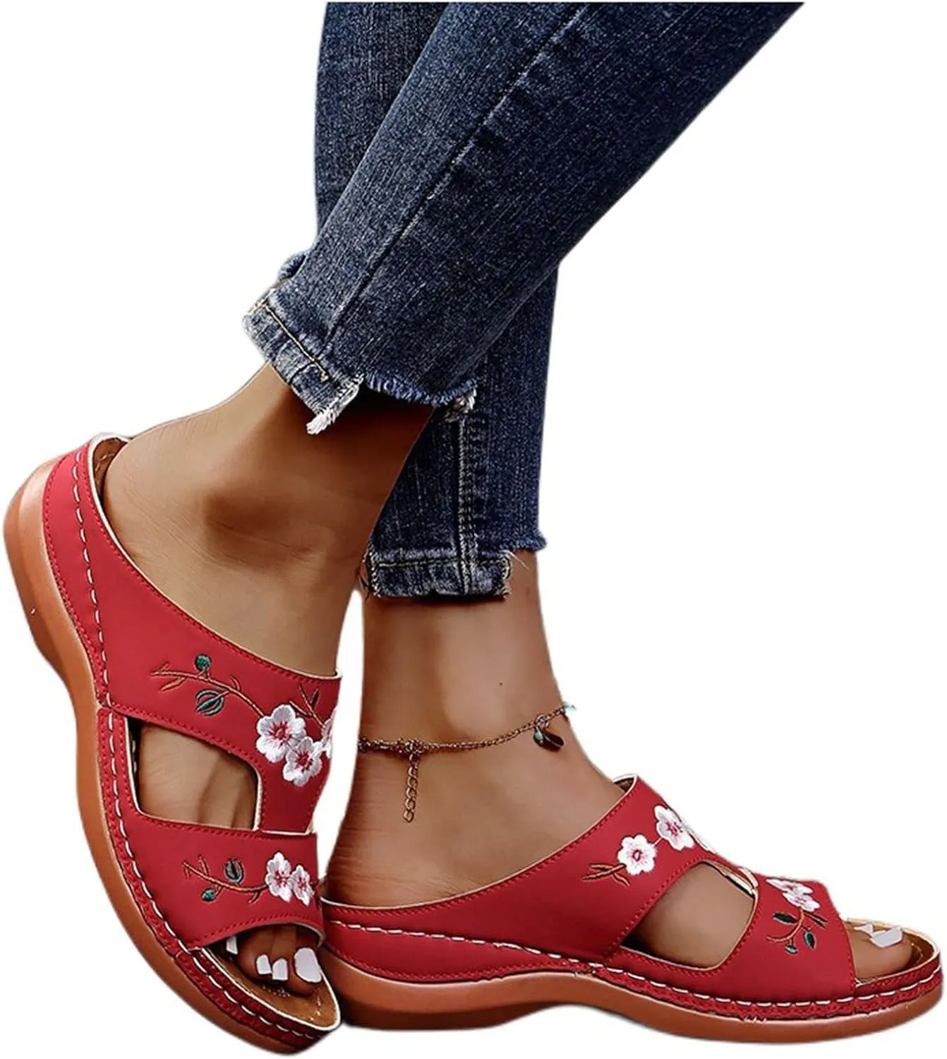 Women's Wedge Sandals Hollow Floral Embroidery With Arch Support Comfortable Orthopedic Sandal Size Plus Size Slippers