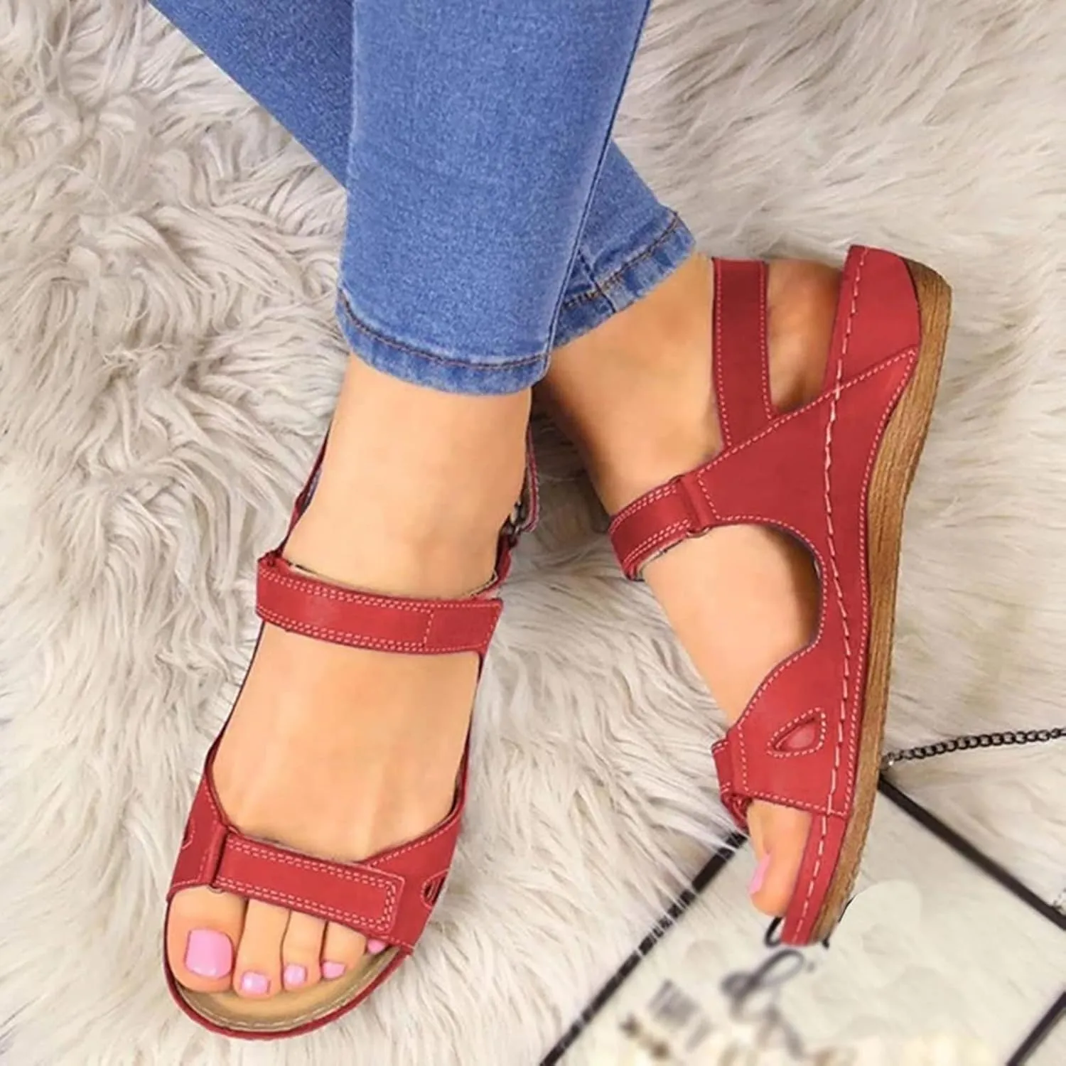 Womenyiaor Women's Red Arch Support Open Toe Ankle Strap Flat Sandals (8.5)