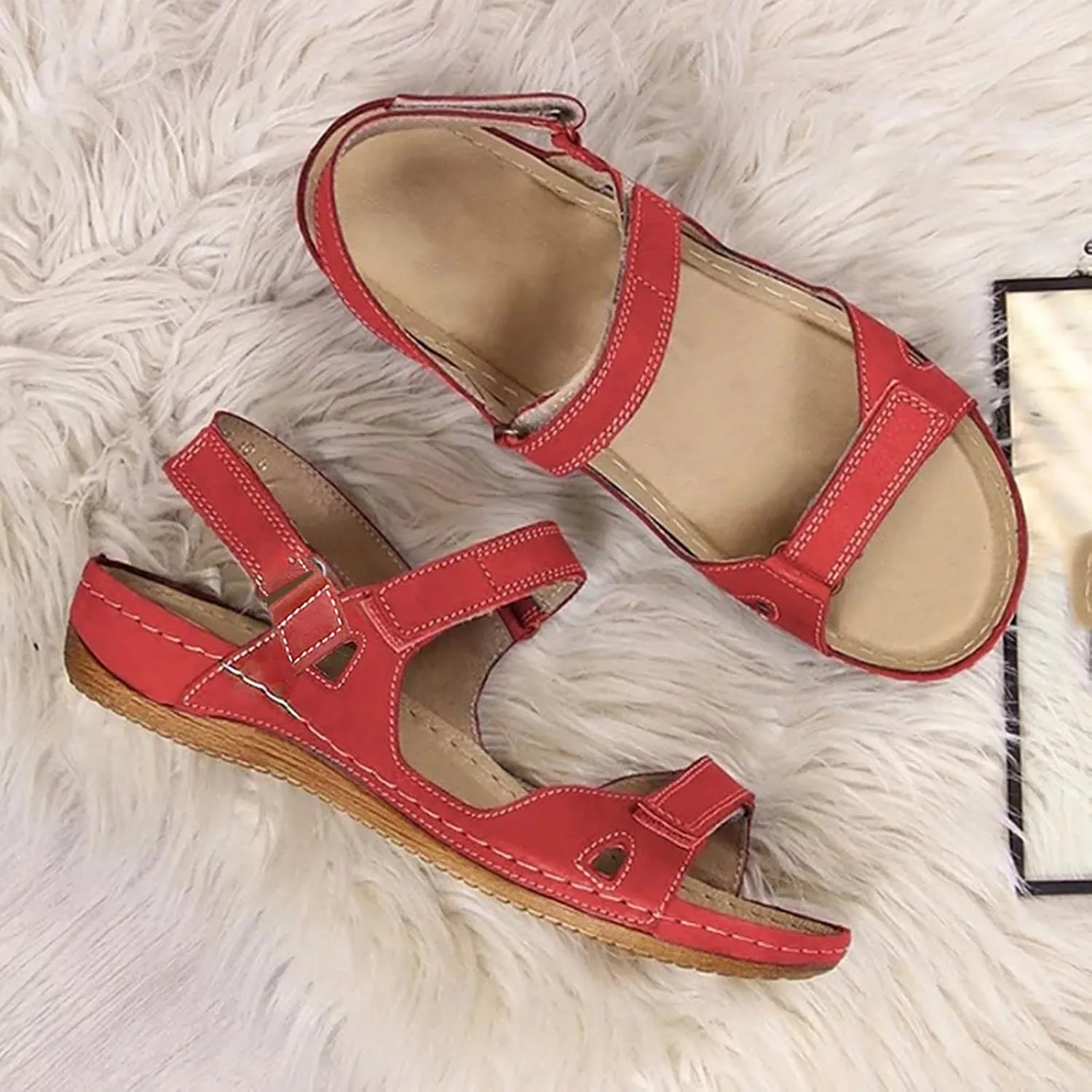 Womenyiaor Women's Red Arch Support Open Toe Ankle Strap Flat Sandals (8.5)