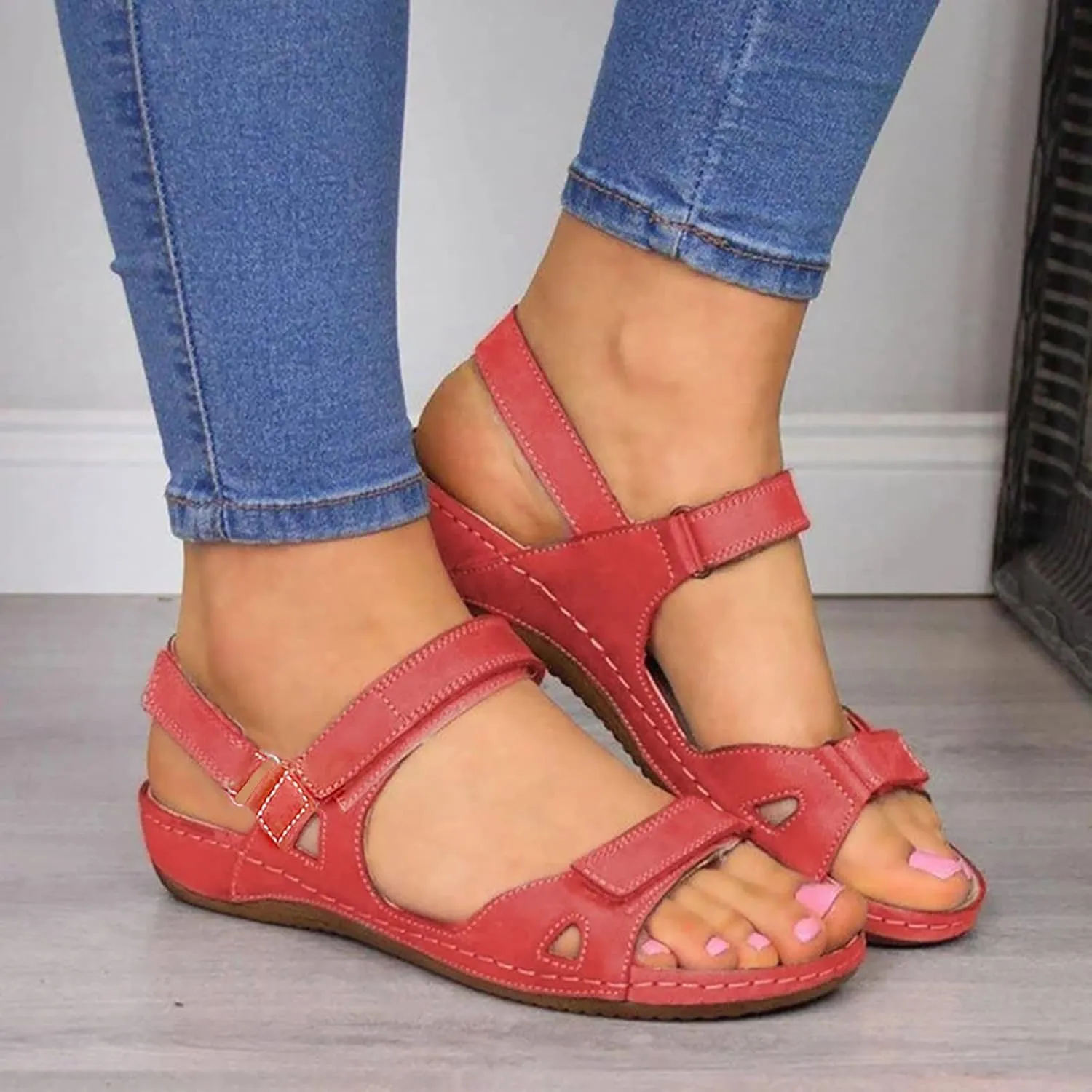 Womenyiaor Women's Red Arch Support Open Toe Ankle Strap Flat Sandals (8.5)