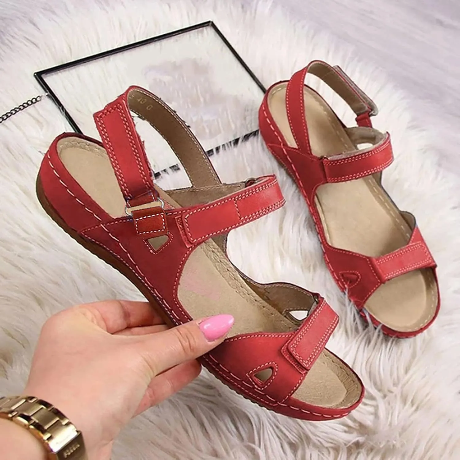 Womenyiaor Women's Red Arch Support Open Toe Ankle Strap Flat Sandals (8.5)
