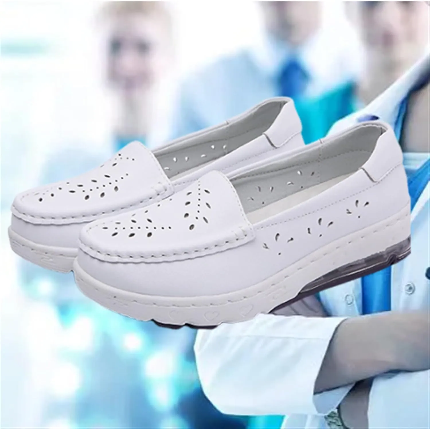 Yytcsjz Women's White Nursing Shoes, Womens Slip on Mesh Breathable Comfortable Working Nurse Shoes, Casual Leather Comfy Orthopedic Wedge Platform Loafers Sneaker, for Medical Care