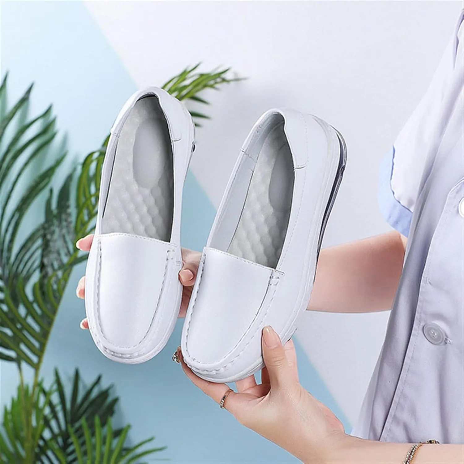 Yytcsjz Women's White Nursing Shoes, Womens Slip on Mesh Breathable Comfortable Working Nurse Shoes, Casual Leather Comfy Orthopedic Wedge Platform Loafers Sneaker, for Medical Care