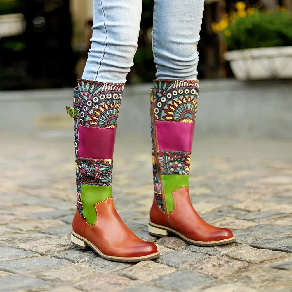 Zalor Patchwork Bohemian Retro Leather High Boots