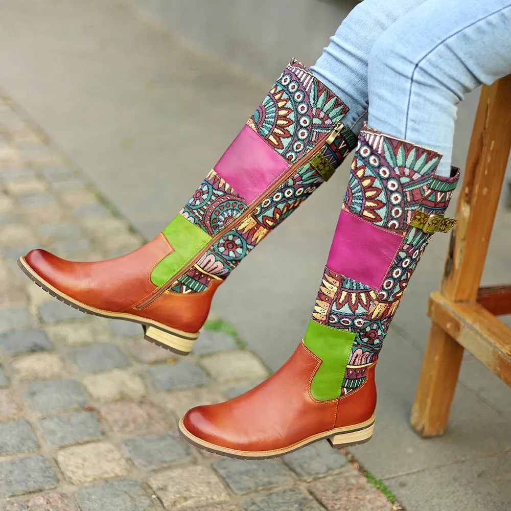 Zalor Patchwork Bohemian Retro Leather High Boots