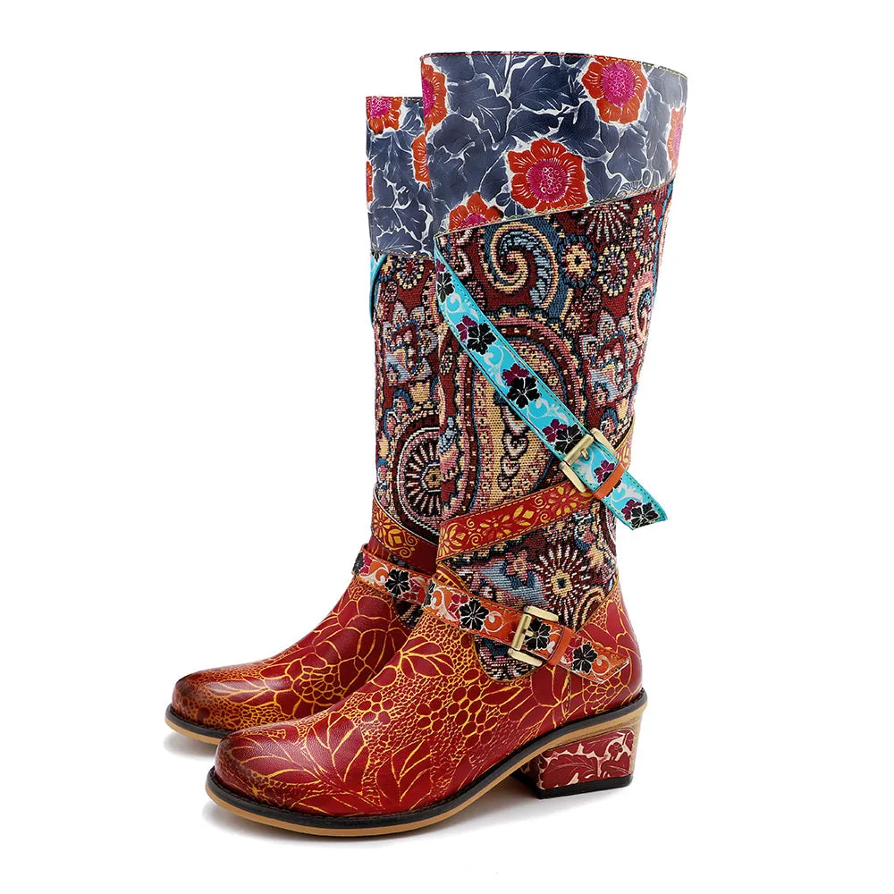 Zalor Patchwork Bohemian Vintage Leather Knee High Boots