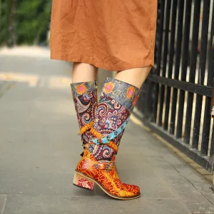 Zalor Patchwork Bohemian Vintage Leather Knee High Boots