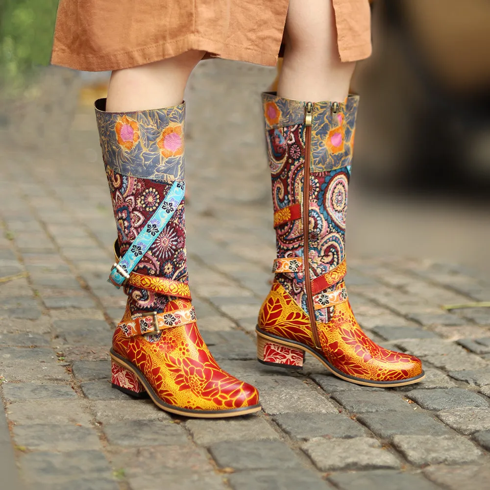 Zalor Patchwork Bohemian Vintage Leather Knee High Boots