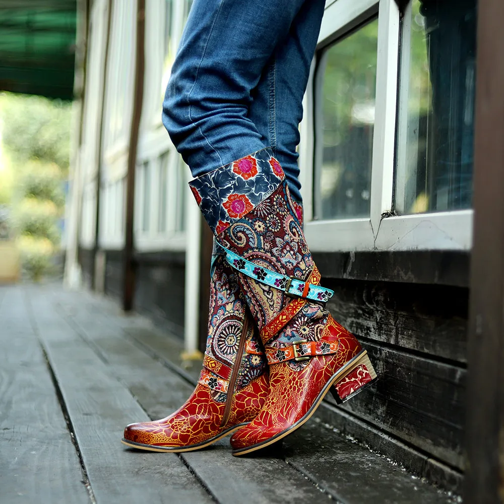Zalor Patchwork Bohemian Vintage Leather Knee High Boots