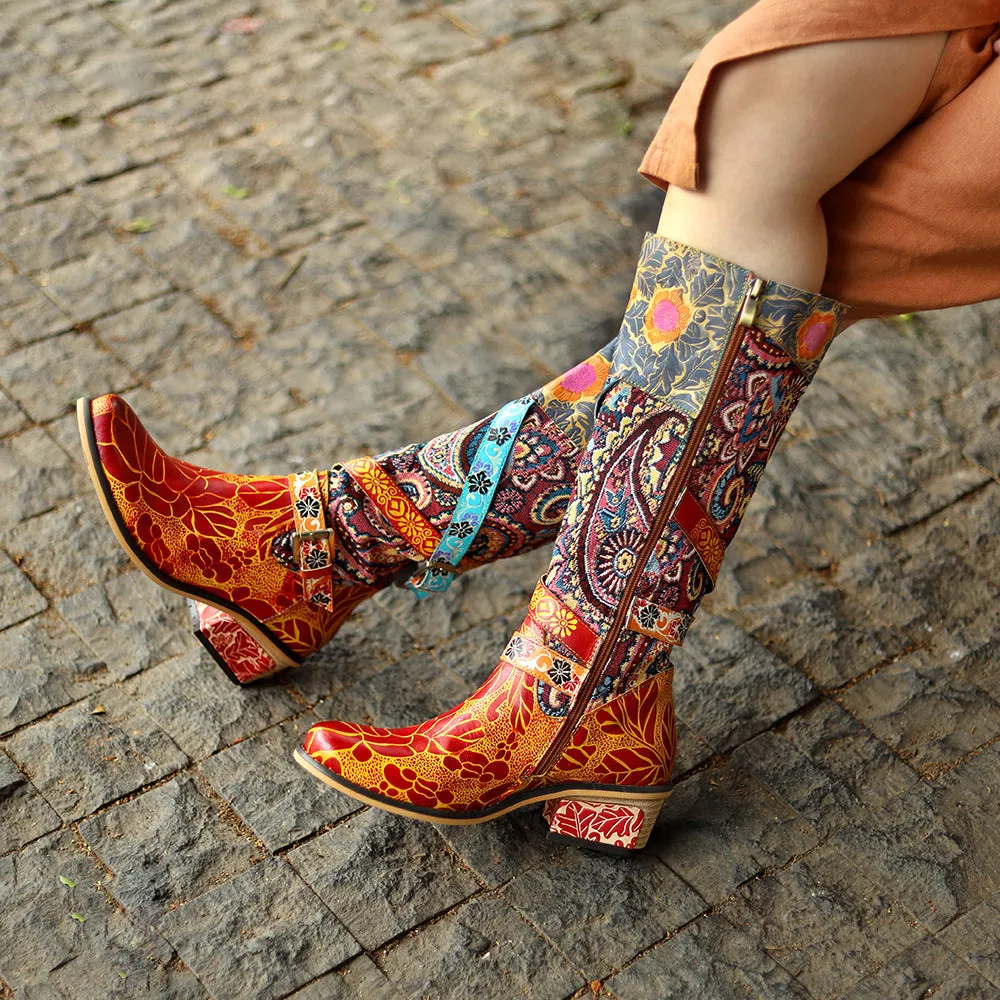 Zalor Patchwork Bohemian Vintage Leather Knee High Boots