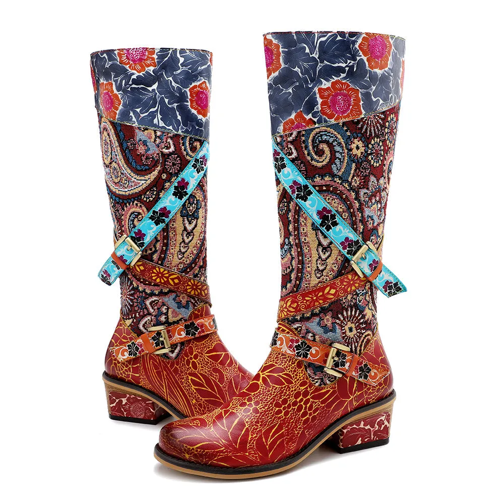 Zalor Patchwork Bohemian Vintage Leather Knee High Boots