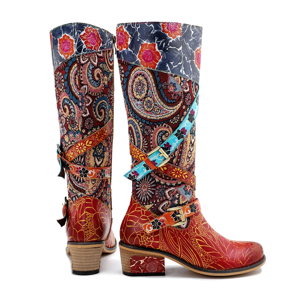 Zalor Patchwork Bohemian Vintage Leather Knee High Boots