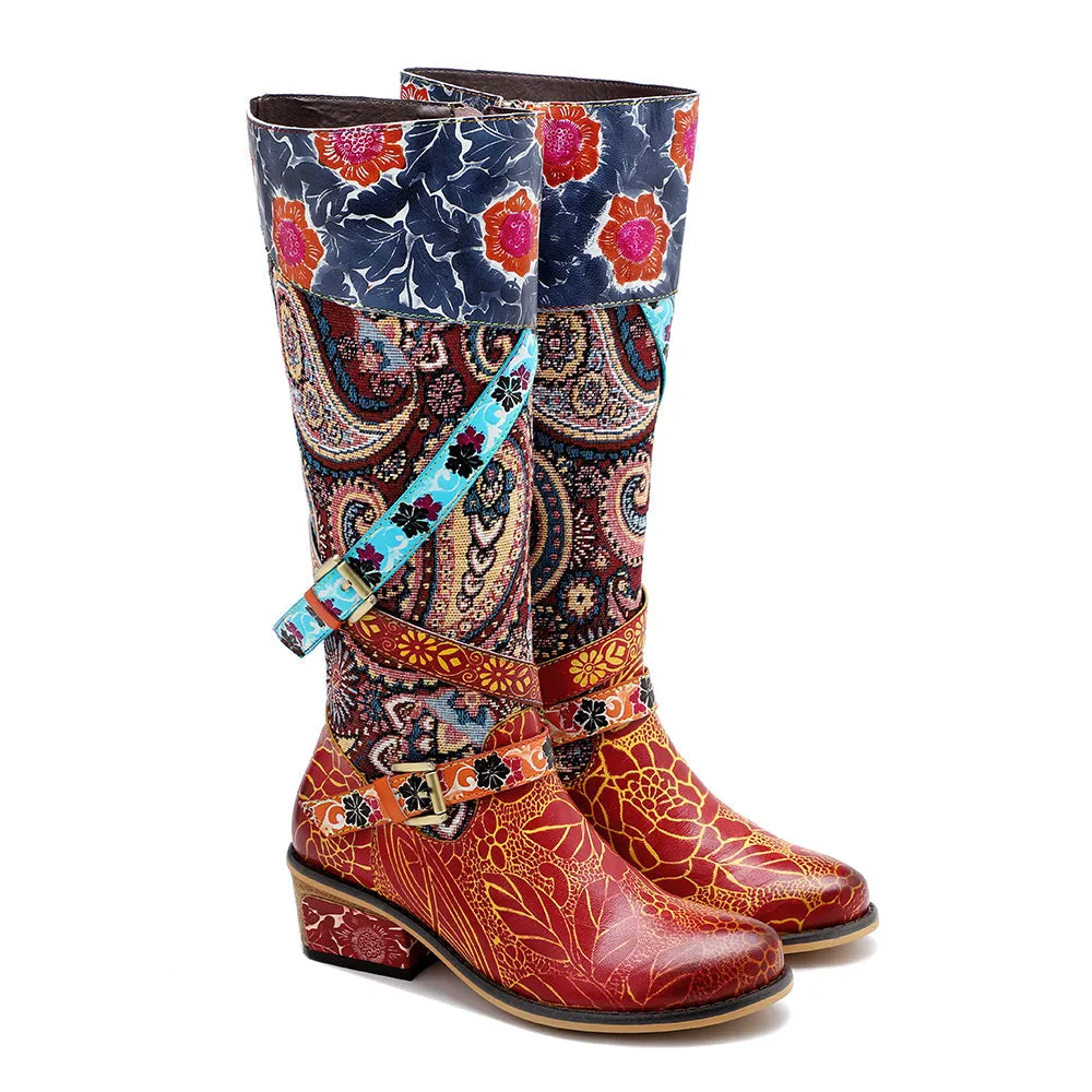 Zalor Patchwork Bohemian Vintage Leather Knee High Boots